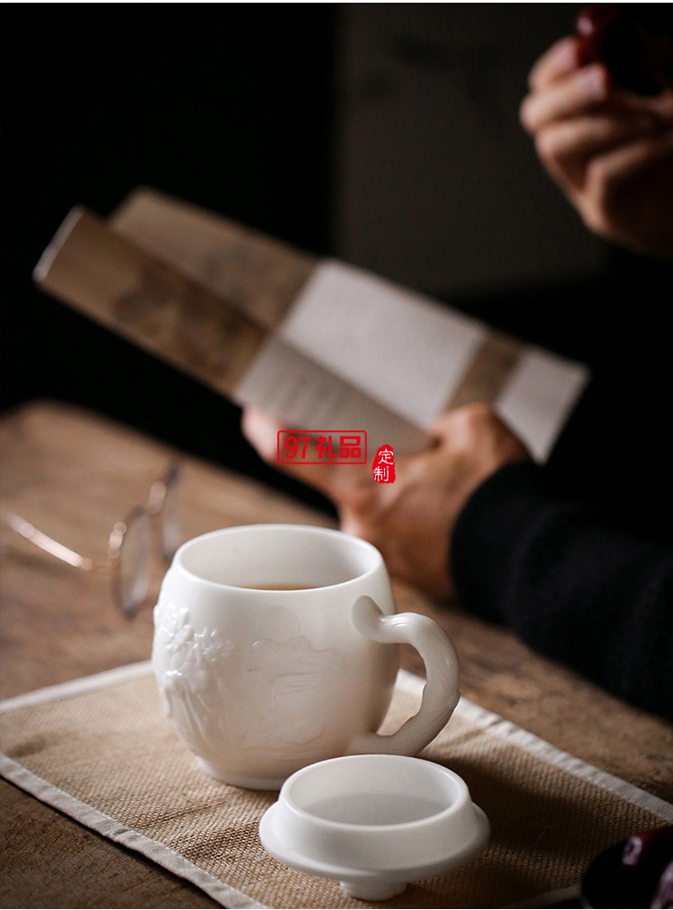 白瓷主人杯創(chuàng)意浮雕茶杯羊脂玉茶具高檔個人水杯一件logo刻字