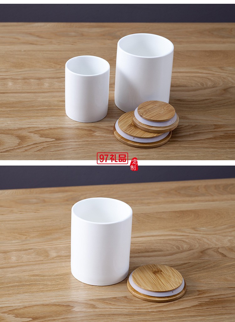 中式帶木蓋陶瓷茶葉罐小號(hào)白瓷迷你密封儲(chǔ)存罐圓形收納儲(chǔ)物罐