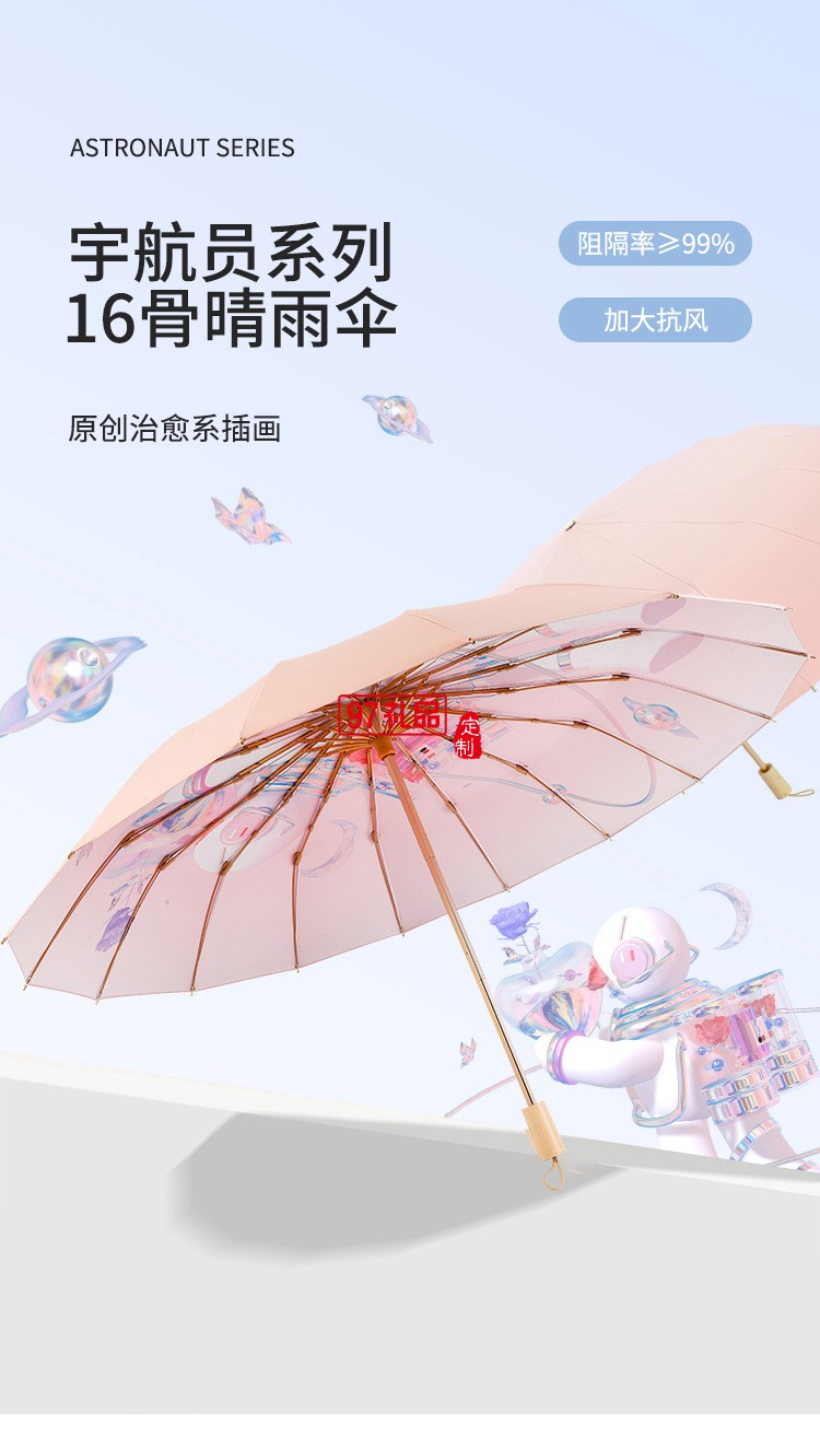 女神節(jié)三八送禮新款三折16骨手開彩膠晴雨傘實(shí)木手柄遮陽傘