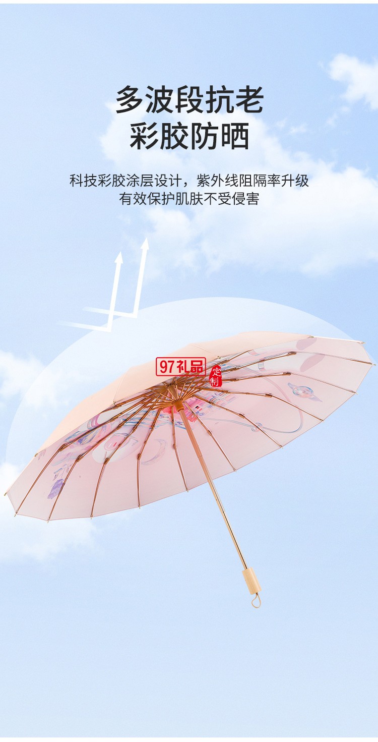 女神節(jié)三八送禮新款三折16骨手開彩膠晴雨傘實(shí)木手柄遮陽傘