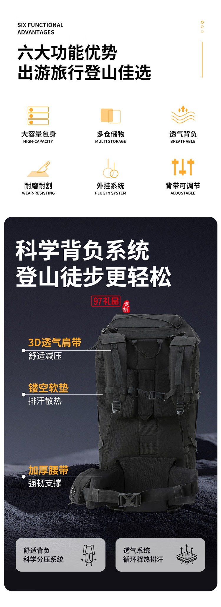 君華仕 GENVAS登山包男大容量背包露營(yíng)徒步女戶外雙肩背包