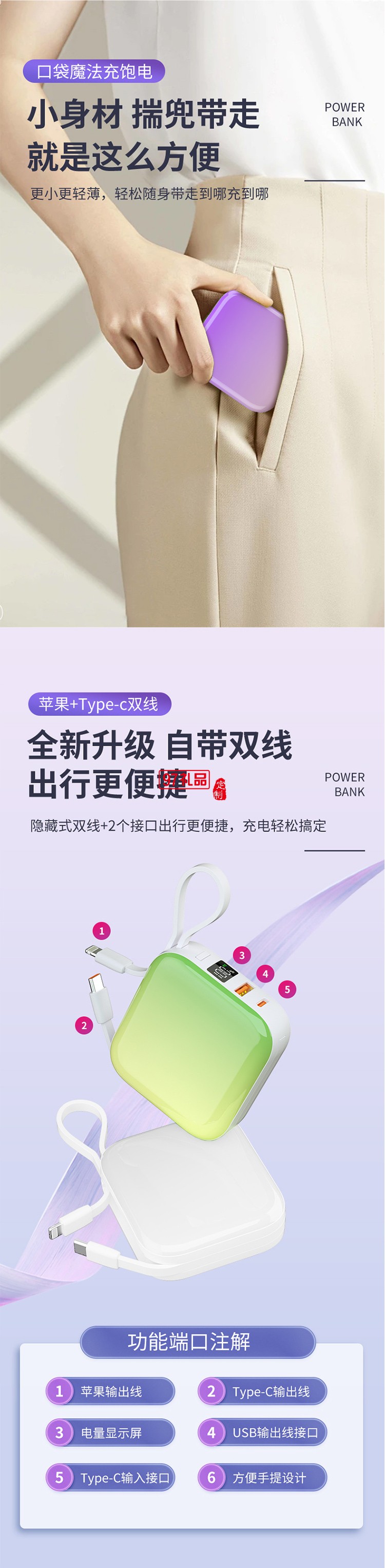 22.5w充電寶10000毫安20W快充PD大容量便攜迷你自帶線移動